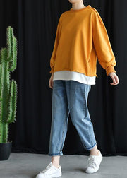 Organic o neck false two pieces cotton Outfits yellow top fall - SooLinen