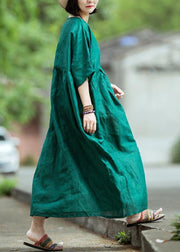 Organic o neck large hem linen dress blackish green Dress summer - SooLinen