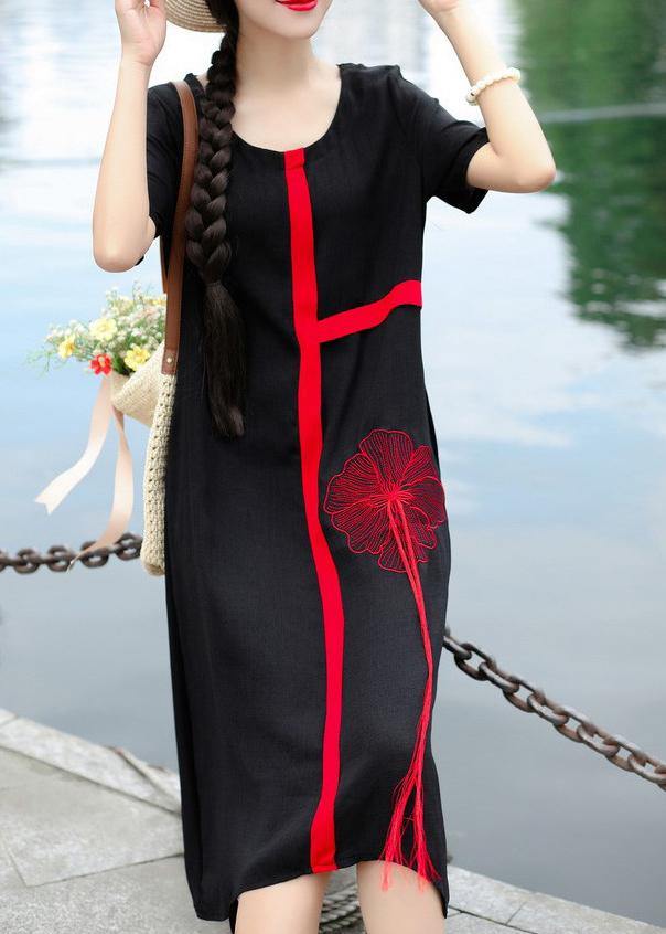 Organic o neck linen Wardrobes Photography black embroidery Dress summer - SooLinen