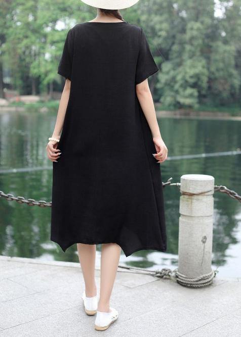 Organic o neck linen Wardrobes Photography black embroidery Dress summer - SooLinen
