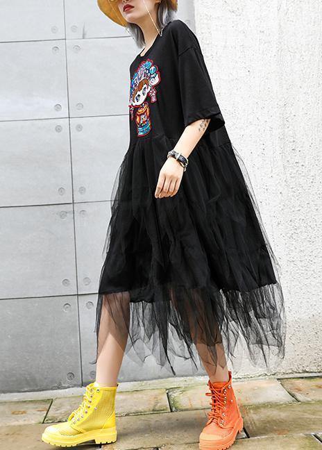 Organic o neck patchwork asymmetric cotton dresses black print Plus Size Dress summer - SooLinen