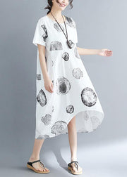 Organic o neck patchwork cotton linen dresses Casual Shirts white dotted Art Dresses Summer - SooLinen