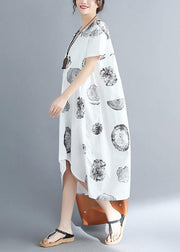 Organic o neck patchwork cotton linen dresses Casual Shirts white dotted Art Dresses Summer - SooLinen
