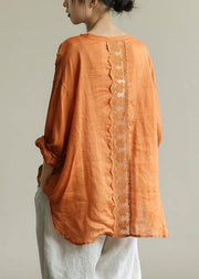 Organic o neck patchwork lace fall tunics for women Shirts orange shirts - SooLinen
