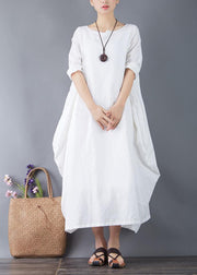 Organic o neck patchwork linen clothes For Women Shape white Dress summer - SooLinen