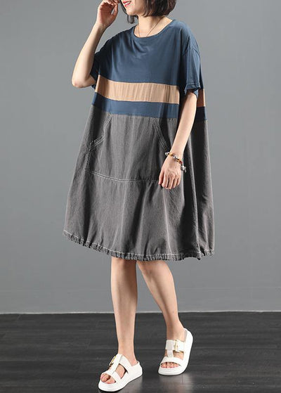 Organic o neck patchwork summer clothes For Women pattern blue Dress - SooLinen