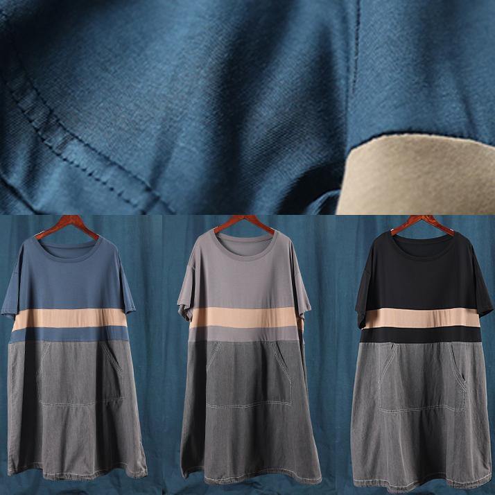 Organic o neck patchwork summer clothes For Women pattern blue Dress - SooLinen