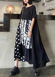 Organic o neck patchwork summer dresses Catwalk black print Art Dress - SooLinen