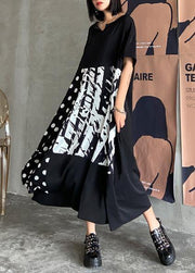 Organic o neck patchwork summer dresses Catwalk black print Art Dress - SooLinen