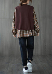 Organic o neck patchwork top silhouette design khaki shirt - SooLinen