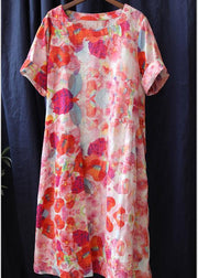 Organic o neck pockets linen summer clothes Sleeve red print Dresses - SooLinen