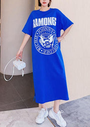 Organic o neck summer Tunics Catwalk blue Letter long Dress - SooLinen