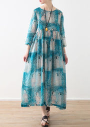 Organic O Neck Cinched Linen Clothes For Women Catwalk Blue Lady Figure Print Dress - SooLinen
