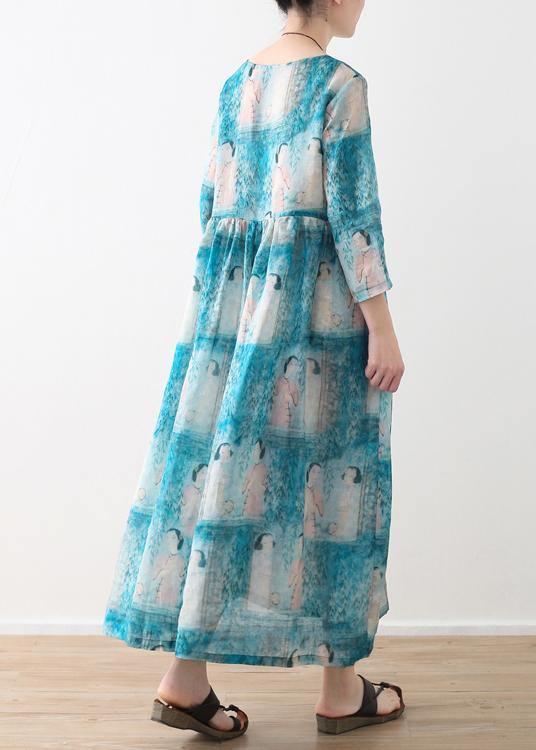 Organic O Neck Cinched Linen Clothes For Women Catwalk Blue Lady Figure Print Dress - SooLinen