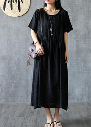 Organic o neck Cinched linen cotton clothes For Women Sleeve black Dress summer - SooLinen