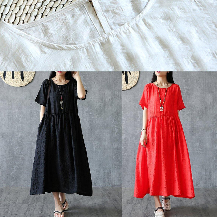 Organic o neck Cinched linen cotton clothes For Women Sleeve black Dress summer - SooLinen