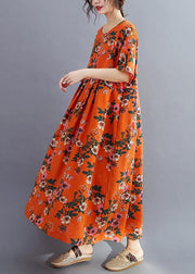 Organic o neck Cinched summerquilting clothes Catwalk orange floral Traveling Dress - SooLinen