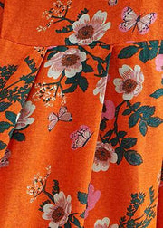 Organic o neck Cinched summerquilting clothes Catwalk orange floral Traveling Dress - SooLinen