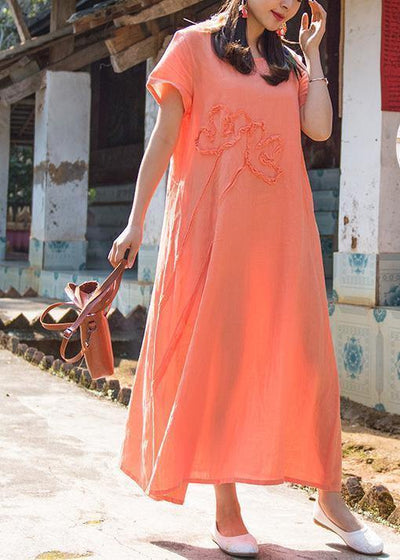 Organic orange cotton clothes o neck pockets loose summer Dresses - SooLinen