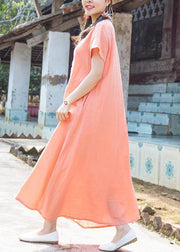 Organic orange cotton clothes o neck pockets loose summer Dresses - SooLinen