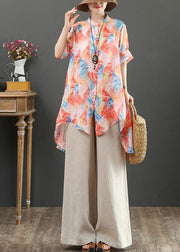 Organic orange print linen tops women stand collar low high design Art tops - SooLinen