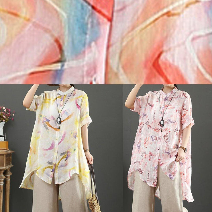 Organic orange print linen tops women stand collar low high design Art tops - SooLinen