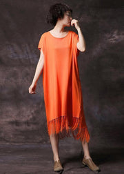 Organic orange tassel cotton clothes short sleeve long summer Dress - SooLinen