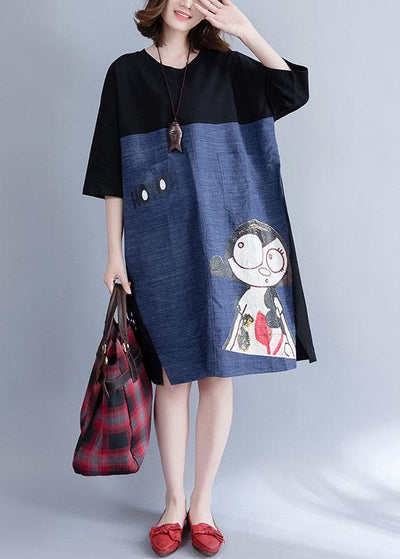 Organic patchwork Cotton dresses pattern black prints Dresses summer - SooLinen