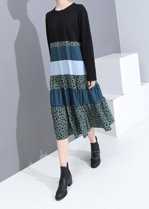 Organic patchwork cotton long sleeve clothes Women Shape black cotton Dress - SooLinen