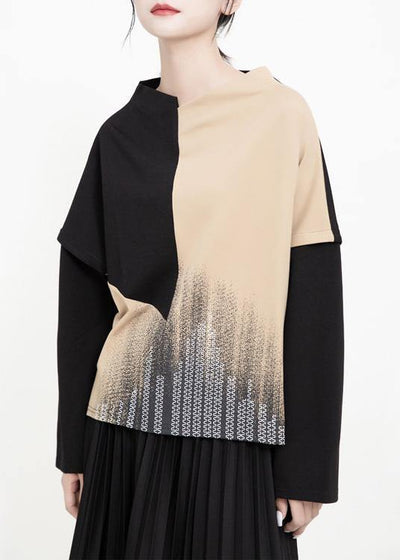 Organic patchwork cotton prints blouses for women Tunic Tops khaki top - SooLinen