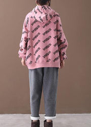 Organic pink alphabet prints cotton crane tops drawstring loose hooded shirt - SooLinen