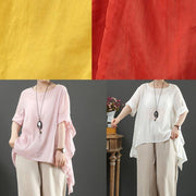 Organic pink linen clothes For Women o neck half sleeve silhouette shirt - SooLinen