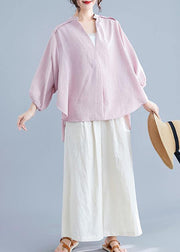 Organic pink linen cotton clothes For Women Shirts v neck batwing sleeve summer top - SooLinen