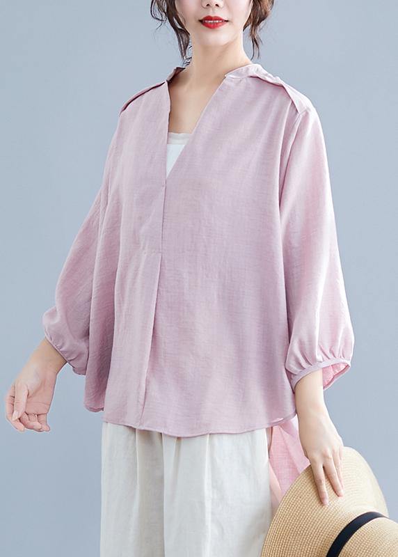Organic pink linen cotton clothes For Women Shirts v neck batwing sleeve summer top - SooLinen