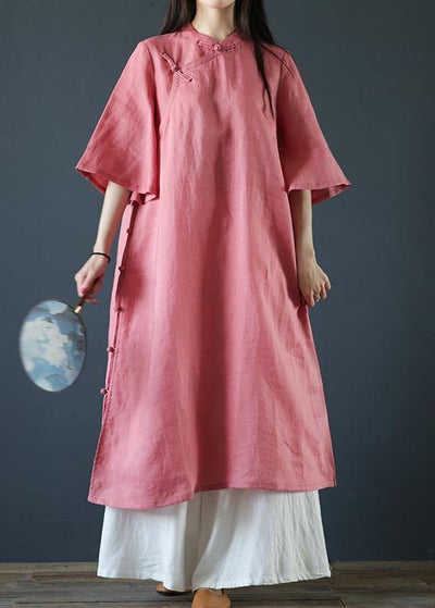 Organic pink linen dresses stand collar Chinese Button Plus Size Dress - SooLinen