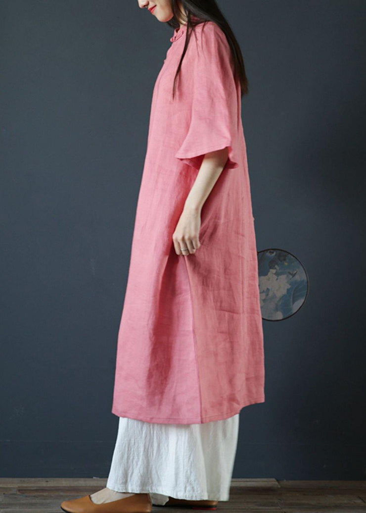 Organic pink linen dresses stand collar Chinese Button Plus Size Dress - SooLinen