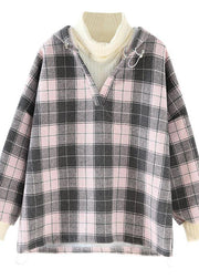 Organic pink plaid cotton linen tops women blouses hooded tunic v neck blouses - SooLinen