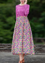 Organic pink print Long dress patchwork Dresses spring Dresses - SooLinen