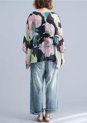 Organic print tops women o neck Petal Sleeve tunic blouse - SooLinen