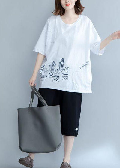 Organic prints cotton Long Shirts Work Outfits white blouses summer - SooLinen