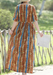 Organic prints cotton linen quilting dresses Shape yellow  Kaftan Dresses summer - SooLinen