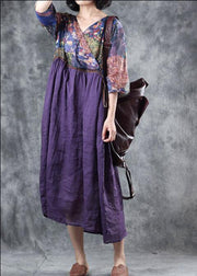 Organic purple linen dress patchwork Plus Size v neck Dress - SooLinen
