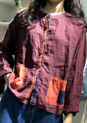 Organic purple o neck linen tunics for women Patch pockets baggy fall shirt - SooLinen
