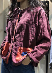 Organic purple o neck linen tunics for women Patch pockets baggy fall shirt - SooLinen