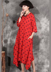 Organic red dotted cotton Long Shirts asymmetric hem Maxi summer Dresses - SooLinen