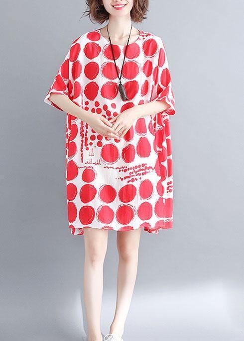 Organic red plaid cotton linen clothes For Women batwing sleeve oversized summer Dresses - SooLinen
