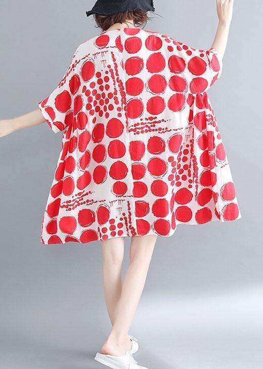 Organic red plaid cotton linen clothes For Women batwing sleeve oversized summer Dresses - SooLinen