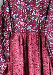 Organic red print cotton Long Shirts o neck lantern sleeve baggy summer Dress - SooLinen
