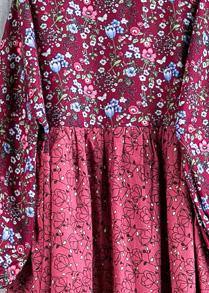Organic red print cotton Long Shirts o neck lantern sleeve baggy summer Dress - SooLinen