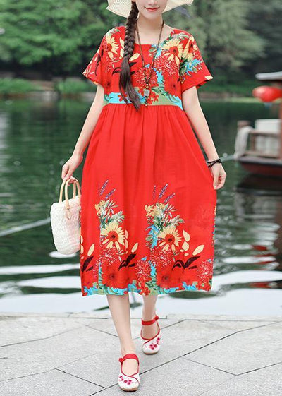 Organic red prints cotton tunic dress o neck cotton summer Dresses - SooLinen